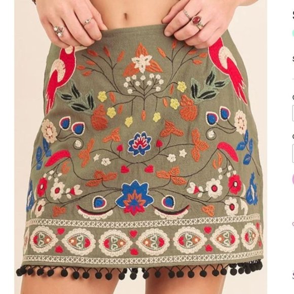 Umgee Dresses & Skirts - 𝅺UMGEE women US Large poly cotton olive green embroidered mini skirt bauble hem